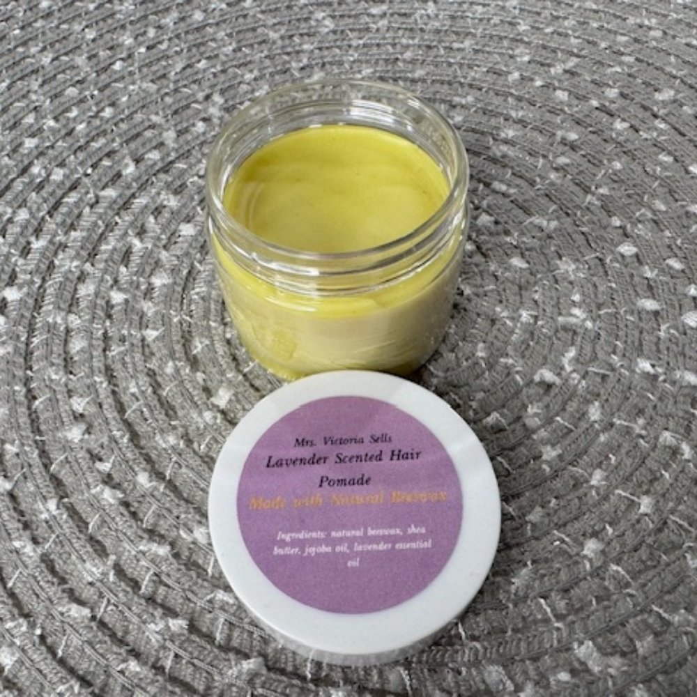 Homemade hair pomade made using natural beeswax - lavender scented.